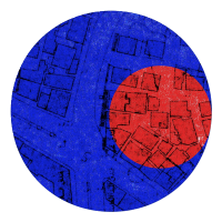 Cadastre du Hawdh al-Ashraf coloré en rouge et en bleu